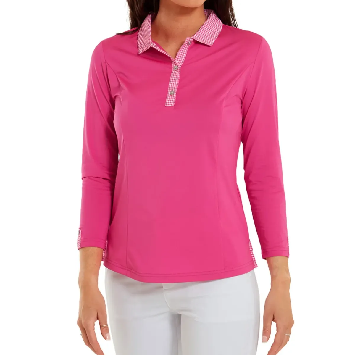 Sale Ladies Houndstooth Trim 3/4 Sleeve Lisle Golf Polo Shirt Ladies Polo Shirts