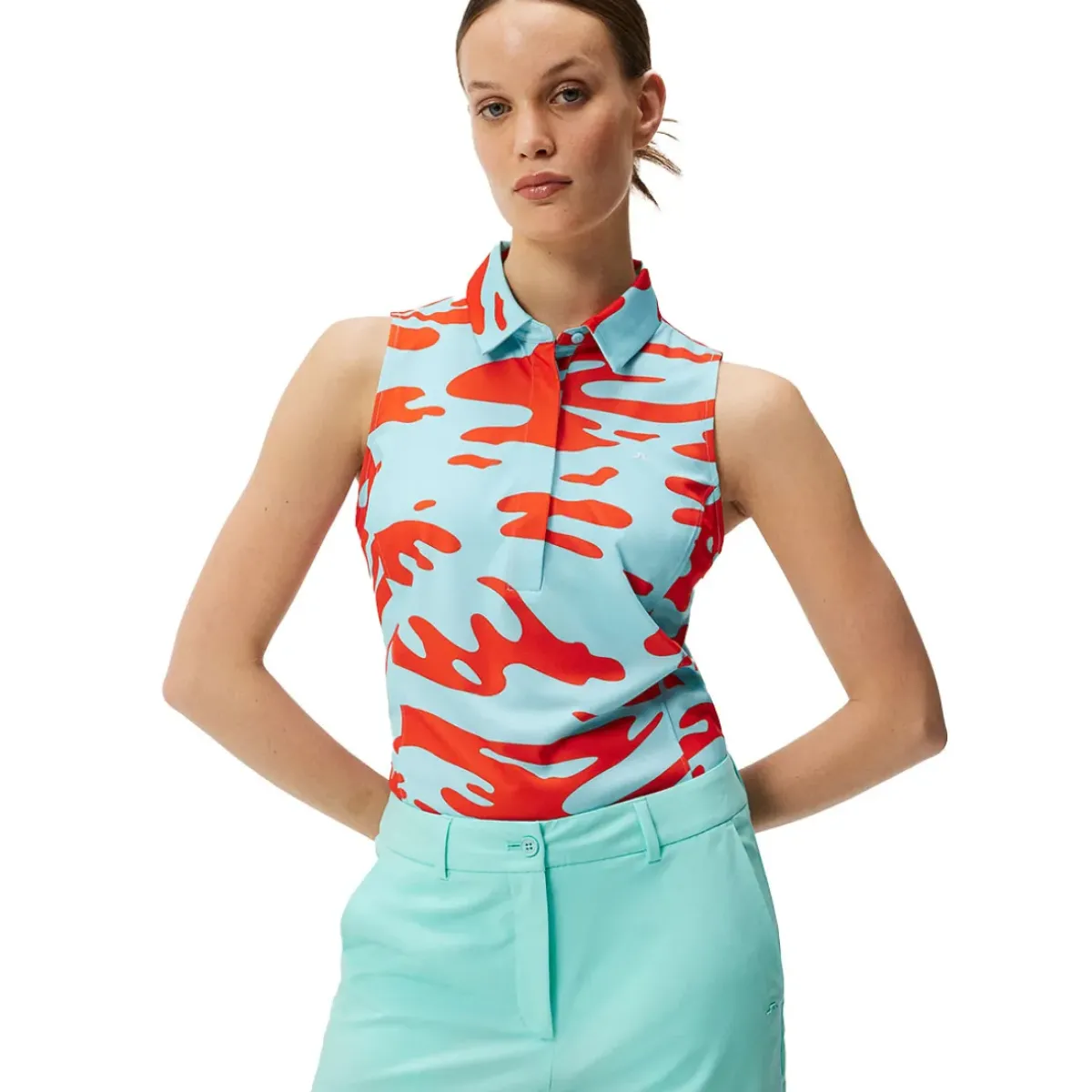 Online J.Lindeberg Ladies Dena Print Sleeveless Golf Polo Shirt Ladies Polo Shirts